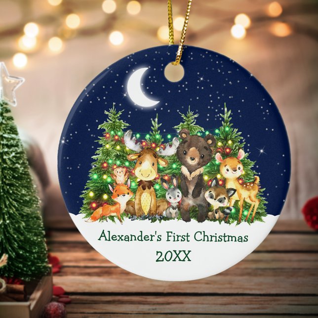 Baby First Christmas Lights Sky Forest Animals Ceramic Tree Decoration (Customize with name and year.)