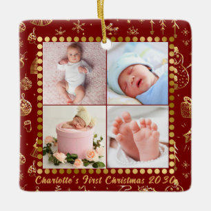 Baby First Christmas Magical Gold Snowflakes Photo Ceramic Ornament