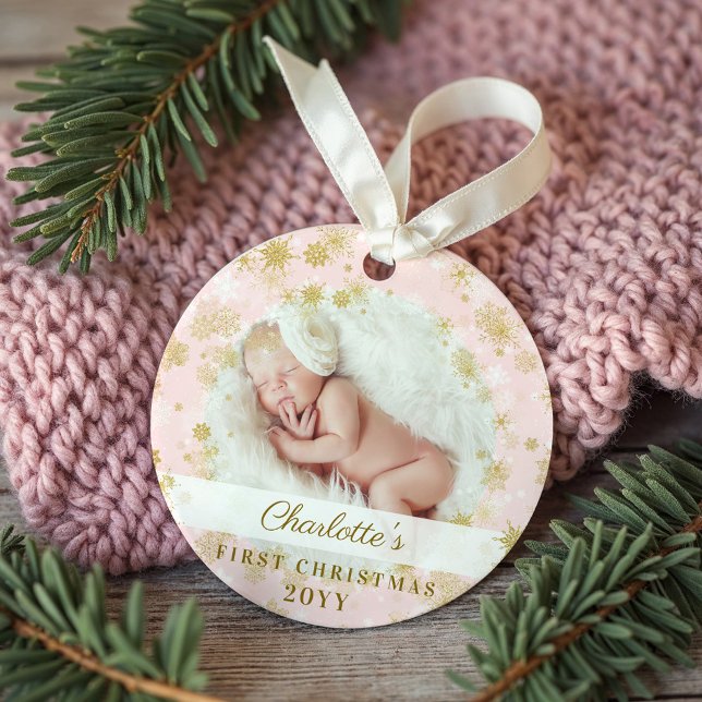 Baby First Christmas Magical Gold Snowflakes Photo Ornament (Baby First Christmas Magical Gold Snowflakes Photo Ornament)