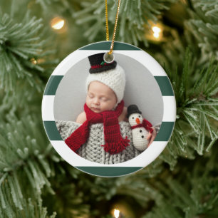 Baby First Christmas Modern Green Stripes Photo Ceramic Tree Decoration