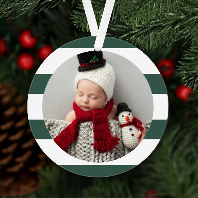 Baby First Christmas Modern Green Stripes Photo Ornament (Creator Uploaded)