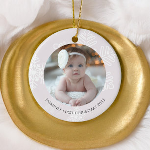 Baby First Christmas modern Snowflakes Photo Ceramic Tree Decoration