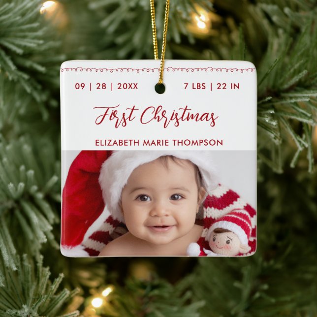 Baby First Christmas Name Birth Stats Calligraphy  Ceramic Ornament (Tree)