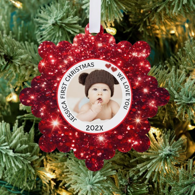 Baby First Christmas Name Photo Red  Tree Decoration Card (Insitu (Tree))