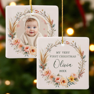 Baby First Christmas Pampas Grass Wildflower Boho Ceramic Ornament