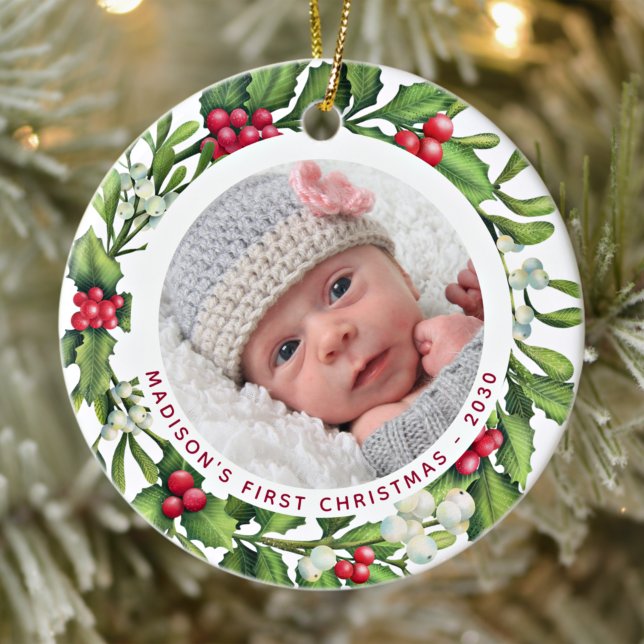 Baby First Christmas Personalise 2 Photo Mistletoe Ceramic Tree Decoration (Creator Uploaded)