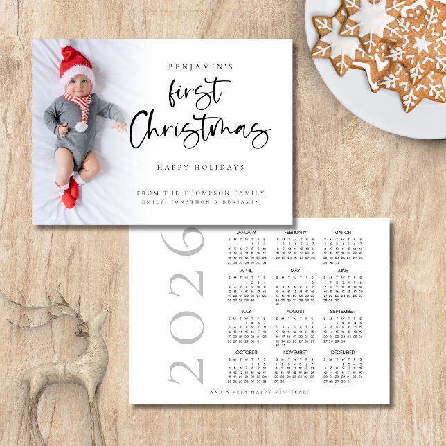 Baby First Christmas Photo 2026 Calendar Holiday Card (Front and back view)