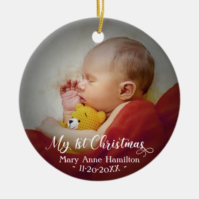 Baby First Christmas Photo Ceramic Tree Decoration (Front)
