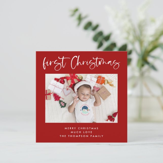 Baby First Christmas Photo Christmas Red Square Holiday Card (Standing Front)