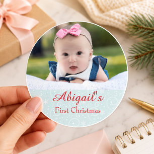 Baby First Christmas Photo Classic Round Sticker
