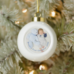 Baby First Christmas Photo curved Typography Ceramic Ball Christmas Ornament