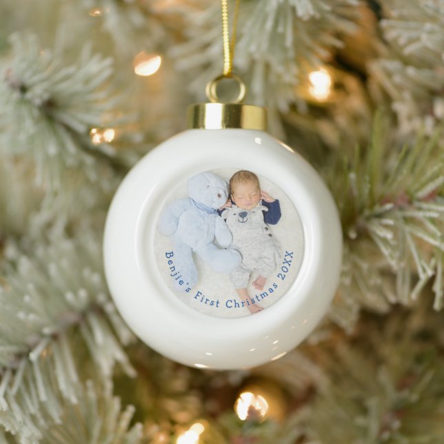 Baby First Christmas Photo curved Typography Ceramic Ball Christmas Ornament (Tree)