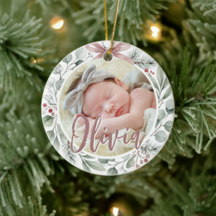 Baby First Christmas Photo Dusty Rose & Greenery Ceramic Tree Decoration