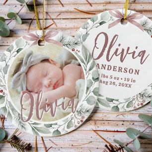 Baby First Christmas Photo Dusty Rose & Greenery Ceramic Tree Decoration