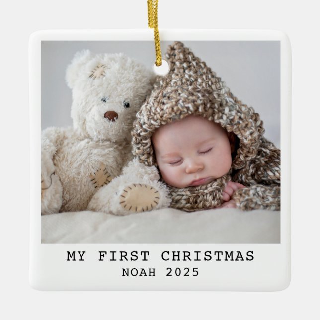 Baby First Christmas Photo Elegant Modern Minimal Ceramic Ornament (Front)