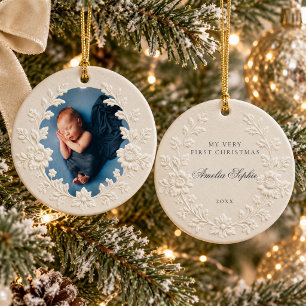 Baby First Christmas Photo Embossed Floral Wreath Ceramic Tree Decoration