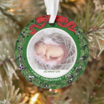 Baby First Christmas photo holly wreath Ornament<br><div class="desc">Baby First Christmas monogram name holly wreath photo Ornament.
You can add your own photos and name to personalise the ornament.</div>