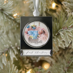 Baby First Christmas Photo Keepsake Silver Plated Banner Ornament