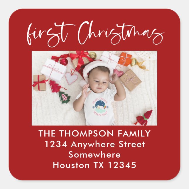 Baby First Christmas Photo Name Address Red Square Sticker (Front)