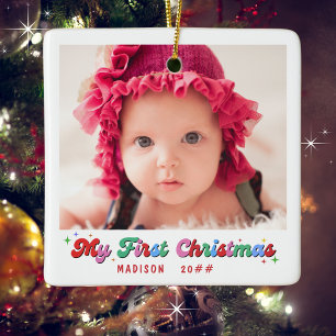 Baby First Christmas Photo Name and Year Classic Ceramic Ornament