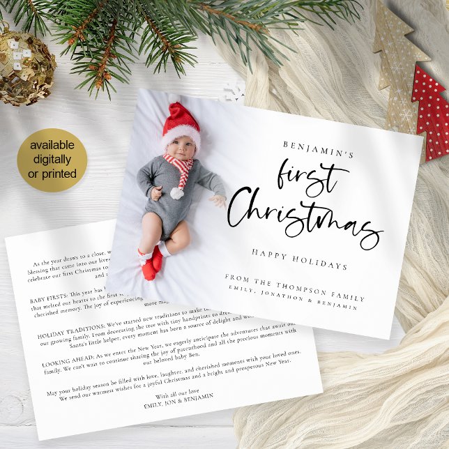 Baby First Christmas Photo Newletter  Holiday Card (Front and back view. Available digitally and printed.)