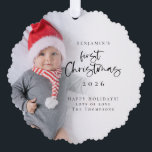 Baby First Christmas Photo Overlay 2026 Calendar Tree Decoration Card<br><div class="desc">Baby First Christmas Photo Overlay 2026. Calendar. Your baby’s first Christmas is very special, and this handy all-in-one ornament and card, has a photo of your new arrival, name and year, with First Christmas in a stylish set script, and your festive greeting and names, with a practical 2026 calendar and...</div>