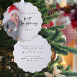 Baby First Christmas Photo Overlay Script Tree Decoration Card<br><div class="desc">Baby First Christmas Photo Overlay Script Ornament. Your baby’s first Christmas is very special, and this handy all-in-one ornament and card, has a photo of your new arrival, name and year, with First Christmas in a stylish set script, and your message and names on the back, ready for your recipients...</div>