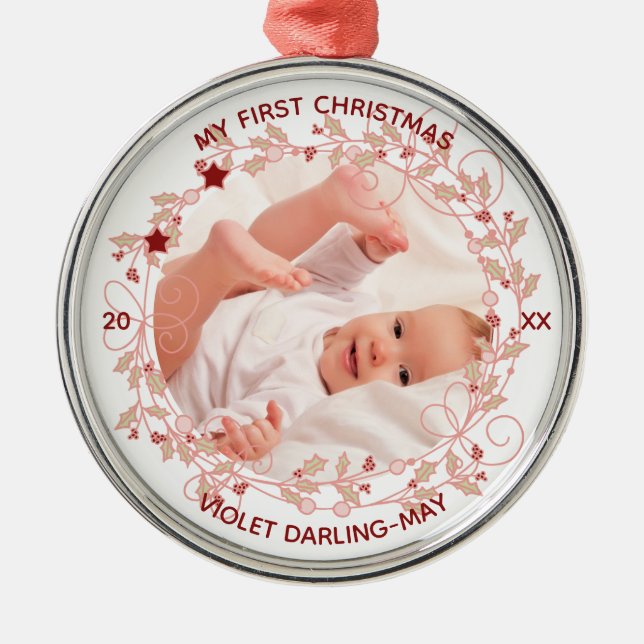 Baby First Christmas Photo - Pink Holly Wreath Metal Tree Decoration (Front)