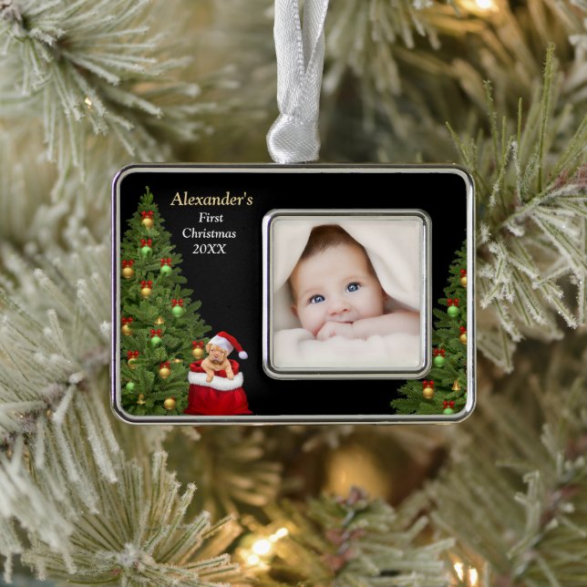 Baby First Christmas Photo Puppy Pet Personalise Silver Plated Framed Ornament (Tree)