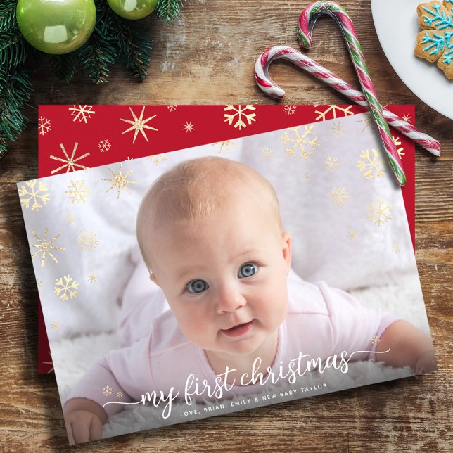 Baby First Christmas Photo Script Gold Snowflake Holiday Card (Creator Uploaded)