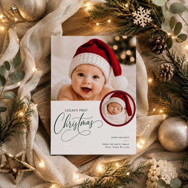 Baby First Christmas Photo Script Typography  Holiday Card (Creator Uploaded)
