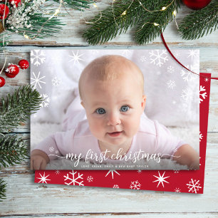 Baby First Christmas Photo Snowflakes Typography Holiday Card