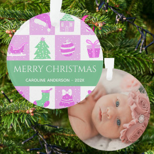 Baby First Christmas Pink Snow Custom Photo Ornament