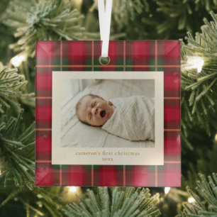 Baby First Christmas Red Green Plaid Newborn Photo Glass Tree Decoration