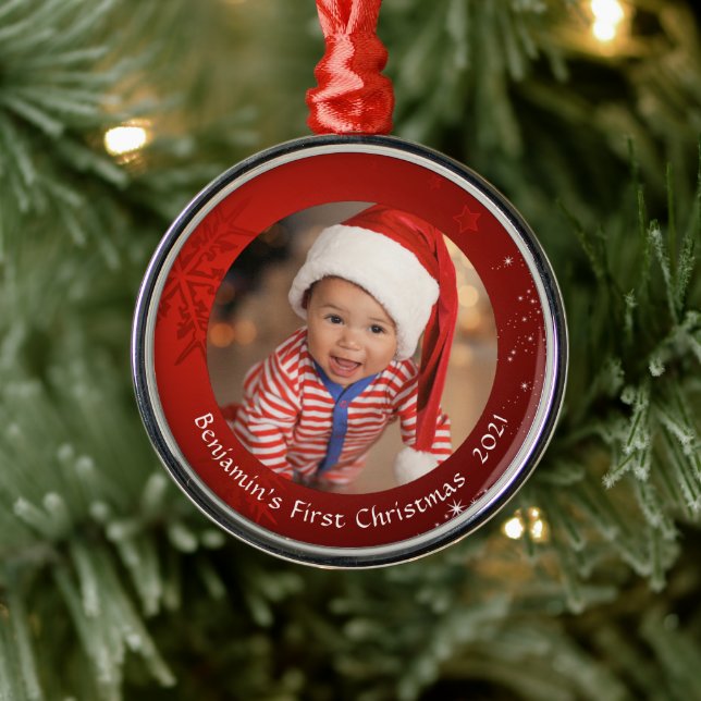 Baby First Christmas Red Snowflake Photo Keepsake Metal Tree Decoration (Tree)