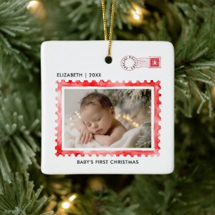 Baby First Christmas Red Stamp Postage Mail Photo Ceramic Ornament