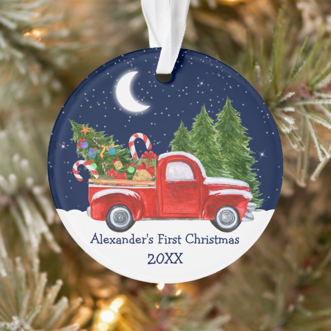 Baby First Christmas Red Truck Forest Stars Sky Ornament (Tree)