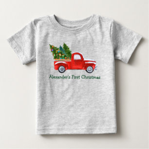 Baby First Christmas Red Truck Green Name Grey T-Shirt