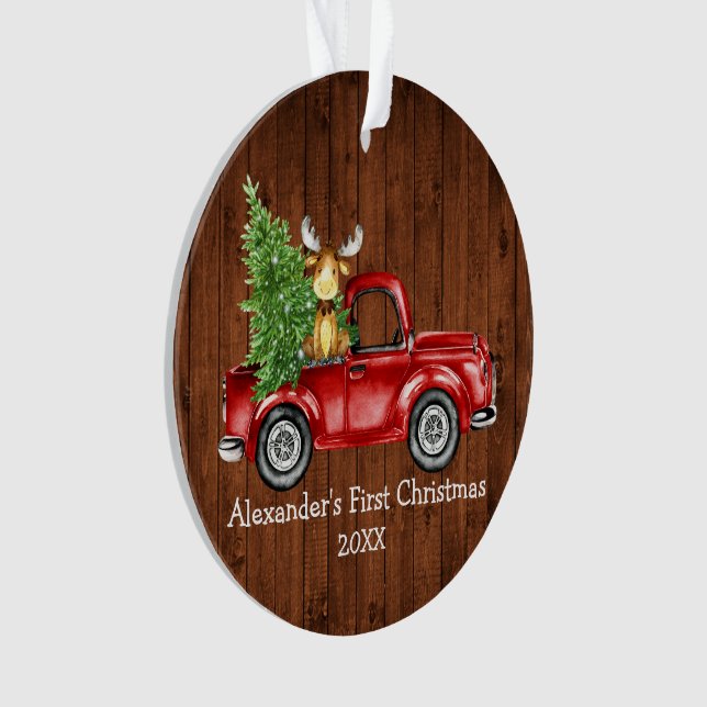 Baby First Christmas Red Truck Moose PHOTO BACK Ornament (Front)