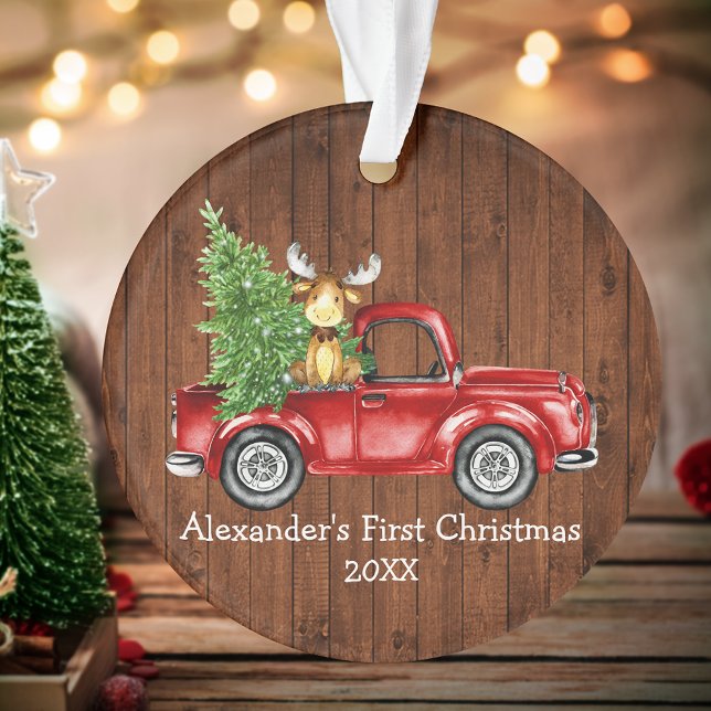 Baby First Christmas Red Truck Moose Rustic Ornament (Creator Uploaded)