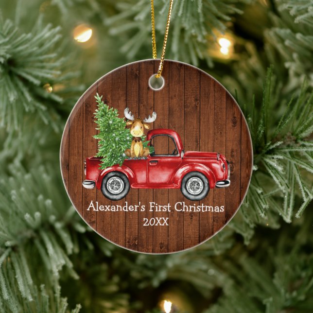 Baby First Christmas Red Truck Moose Rustic Round Ceramic Tree Decoration (Tree)