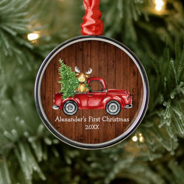 Baby First Christmas Red Truck Moose Rustic Round Metal Tree Decoration (Tree)