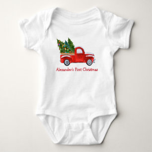 Baby First Christmas Red Truck Red Name Baby Bodysuit
