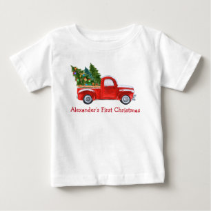 Baby First Christmas Red Truck Red Name T-Shirt