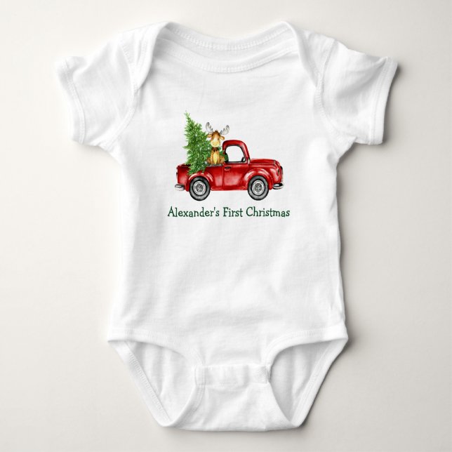 Baby First Christmas Red Truck Tree Moose Baby Bodysuit (Front)