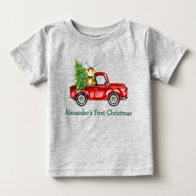 Baby First Christmas Red Truck Tree Moose Grey T-Shirt (Front)
