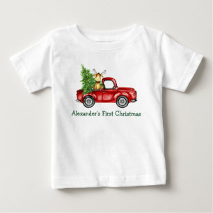 Baby First Christmas Red Truck Tree Moose T-Shirt