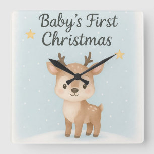 Baby first christmas reindeer cute gentle nursery  square wall clock
