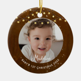 Baby First Christmas Rustic Wood Lights Photo Ceramic Tree Decoration