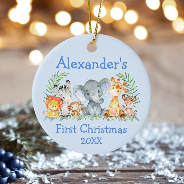 Baby First Christmas Safari Animals Blue  Ceramic Tree Decoration (Customize with name and year.)